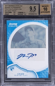 2011 Bowman Sterling Rookie Autographs Printing Plates Cyan #19 Mike Trout Signed Rookie Printing Plate - BGS GEM MINT 9.5/BGS 10